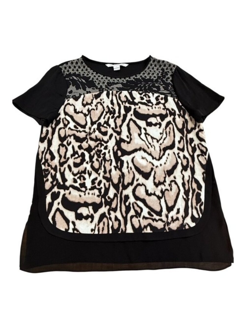 Diane Von Furstenberg Silk Animal Print Short Sleeve Sheer Top Size 8 Beige Whit